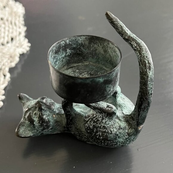 Vintage Cat Candle Holder Bronze Verdigris Green Figurine - Picture 2 of 10